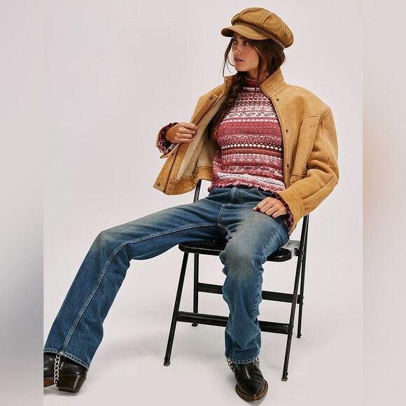 Free People Red & Pink Knit Sweater Cowl Neck Puff Sz L Boho Cottagecore NWT - Picture 7 of 16